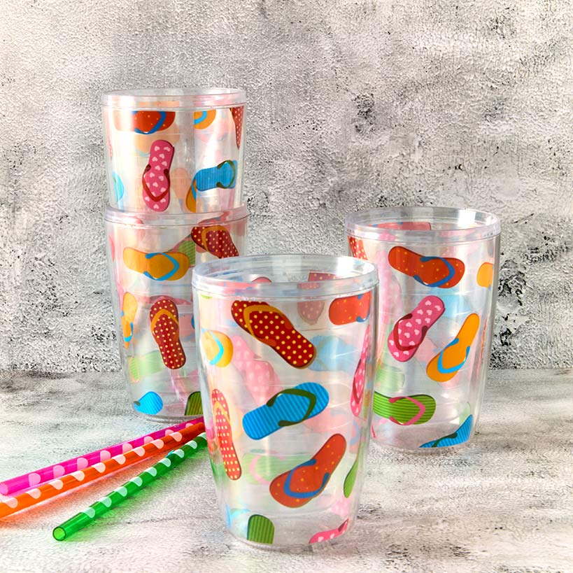 Plastic 16oz Insulated Tumbler Set of 4 Flamingo or Flipflops - Image 2