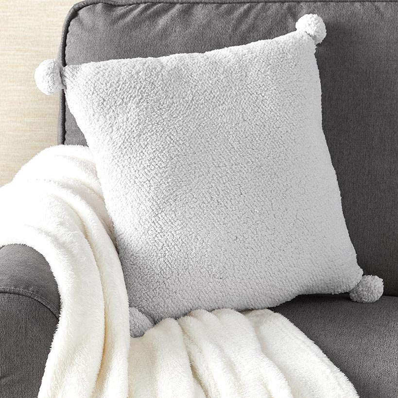 Pom-Pom Faux Shearling Gray Throw Pillow
