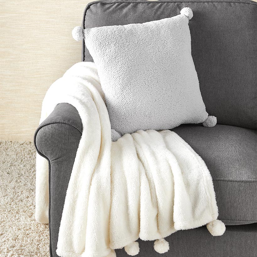 Pom-Pom Faux Shearling Gray Throw Pillow - Image 2