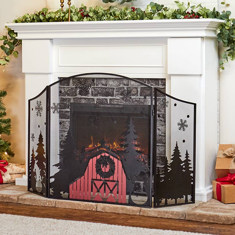 Red Barn Christmas Fireplace Screen