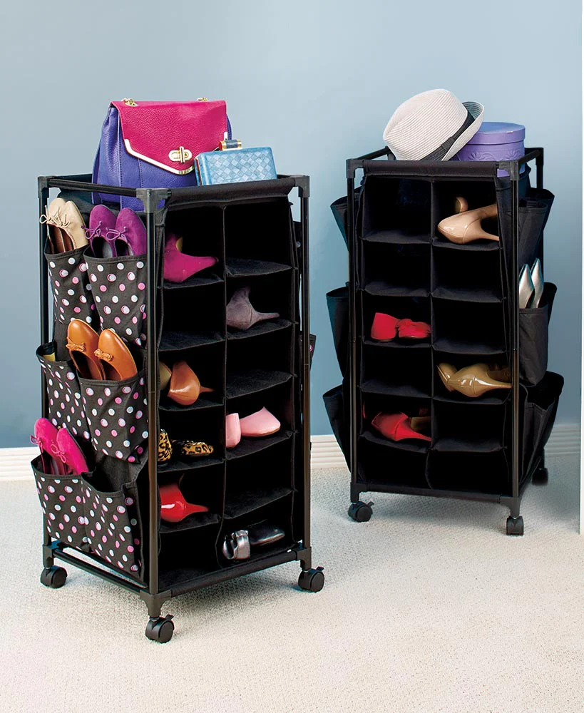 Rolling Shoe Storage Unit with Fabric Cubbies