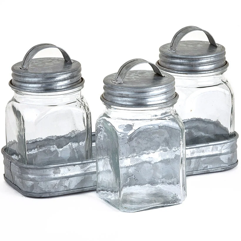 Set of 3 Glass Canisters in Galvanized Tray - Image 2