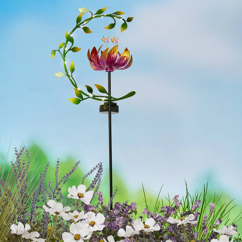 Solar Flower and Leaves Wind Spinner Garden Stake Red or Blue - Image 3