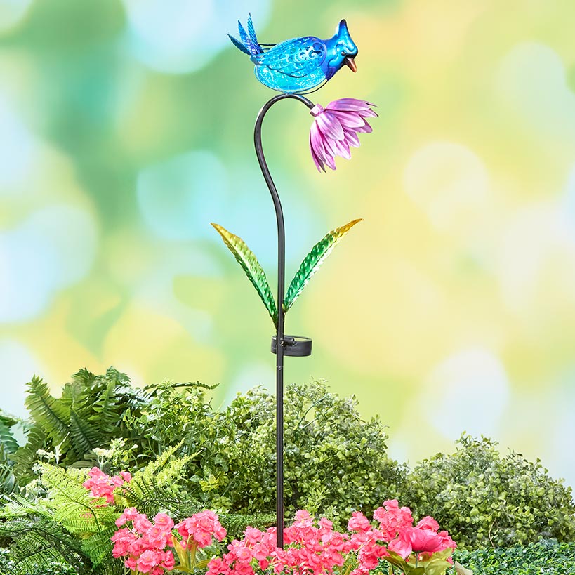 Solar Flower With Perched Bird Garden Stake - Blue or Red - Image 5