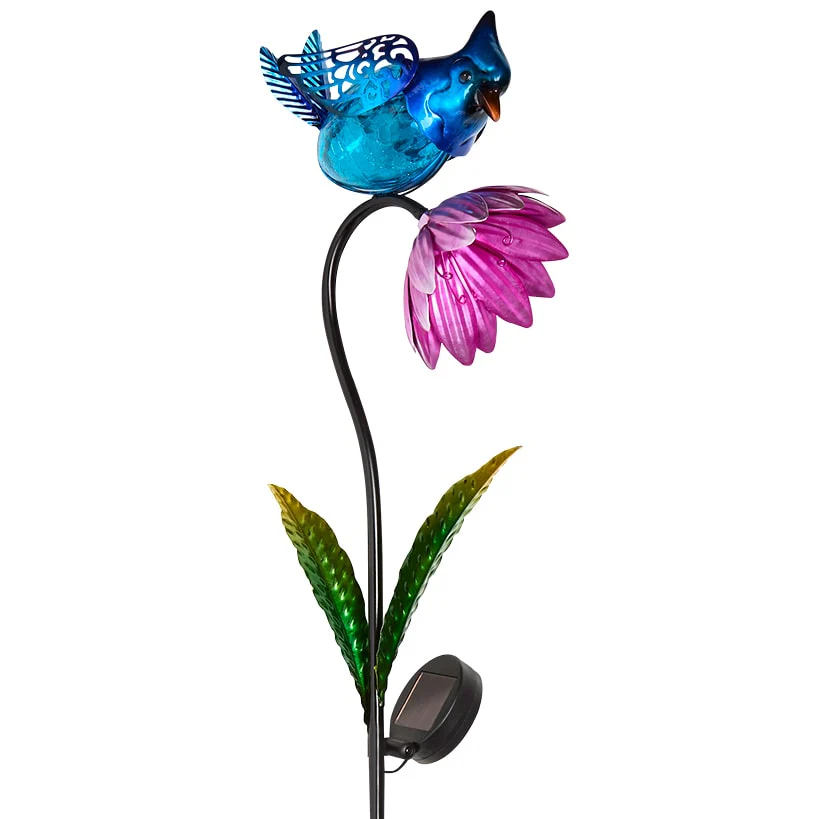Solar Flower With Perched Bird Garden Stake - Blue or Red - Image 7