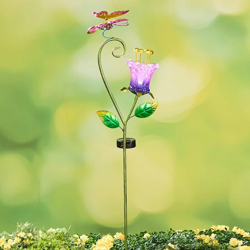 Solar Glass Flower Garden Stake - Butterfly or Hummingbird - Image 2