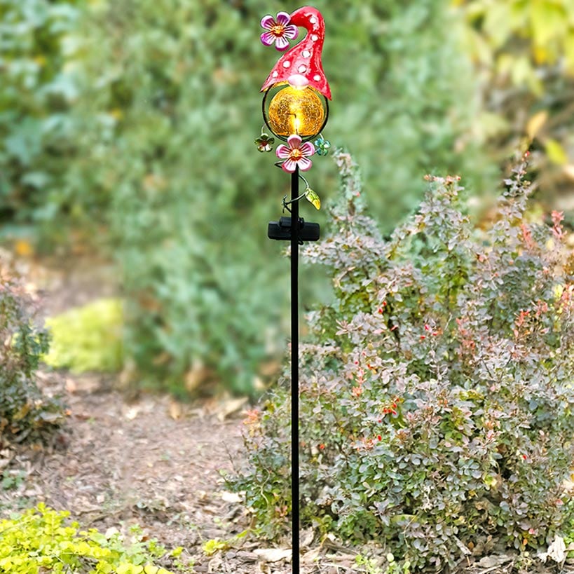Solar LED Gnome Garden Stake Red with Flower or Blue with Butterfly - Image 3