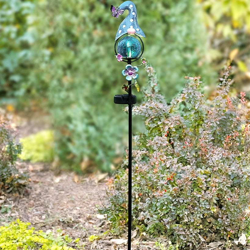 Solar LED Gnome Garden Stake Red with Flower or Blue with Butterfly - Image 5