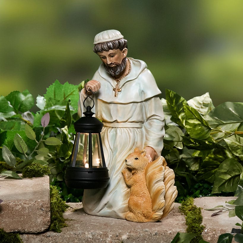 Solar Saint Statues – Mary with Cross and St. Francis with Lantern - Image 3