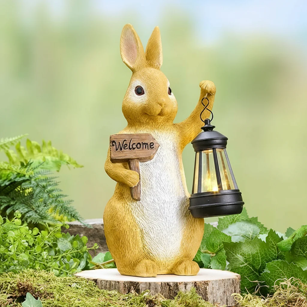 Solar Welcome Bunny Garden Statue With Lantern - Image 3