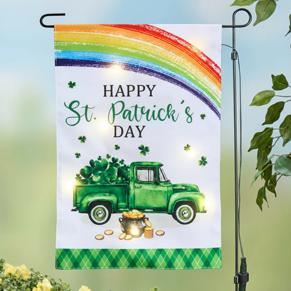St Patricks Solar Garden Flag And Pole With Green Truck And Rainbow