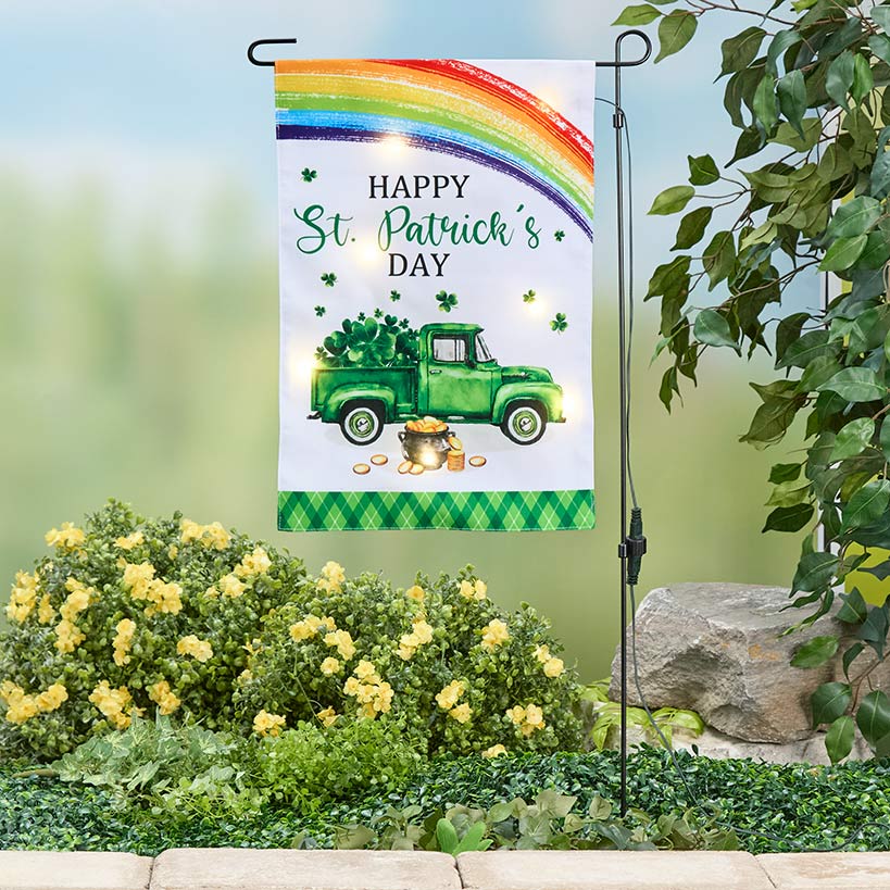 St Patricks Solar Garden Flag And Pole With Green Truck And Rainbow - Image 2