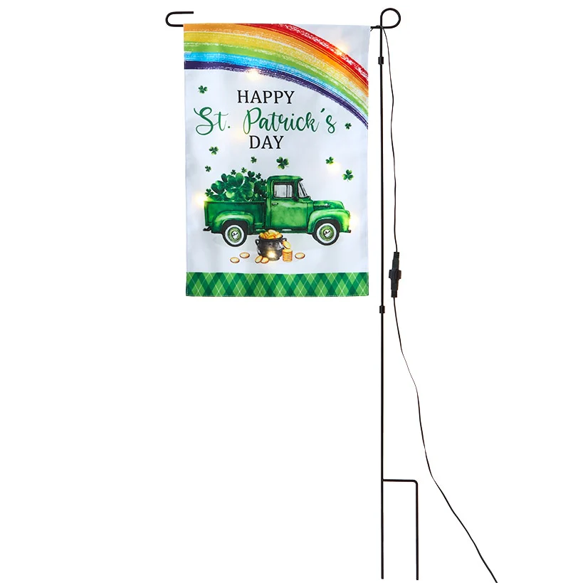 St Patricks Solar Garden Flag And Pole With Green Truck And Rainbow - Image 3