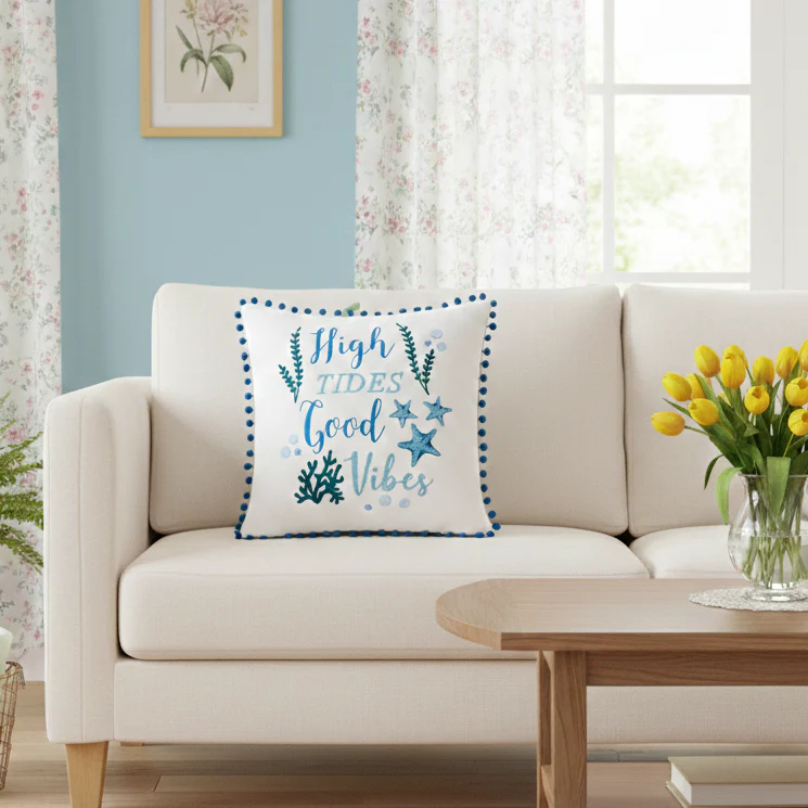 Summer Beach Themed Embroidered Decorative Pillow - Image 6
