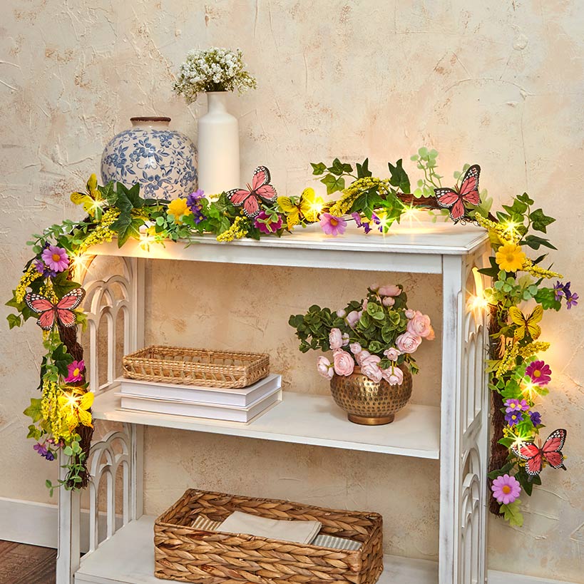 Summer Butterfly and Flower Lighted Wreath or Garland-Seasonal Decor - Image 2