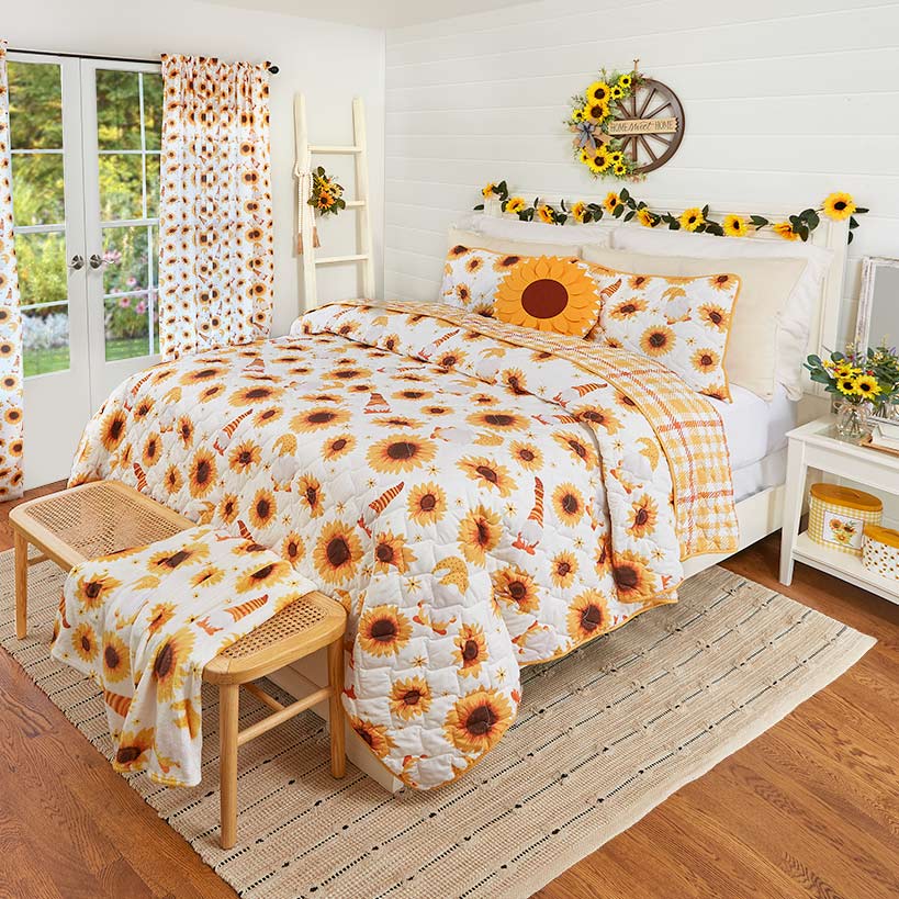 Sunflowers and Gnomes Full/Queen or King Quilt, Sham, or Accent Pillow
