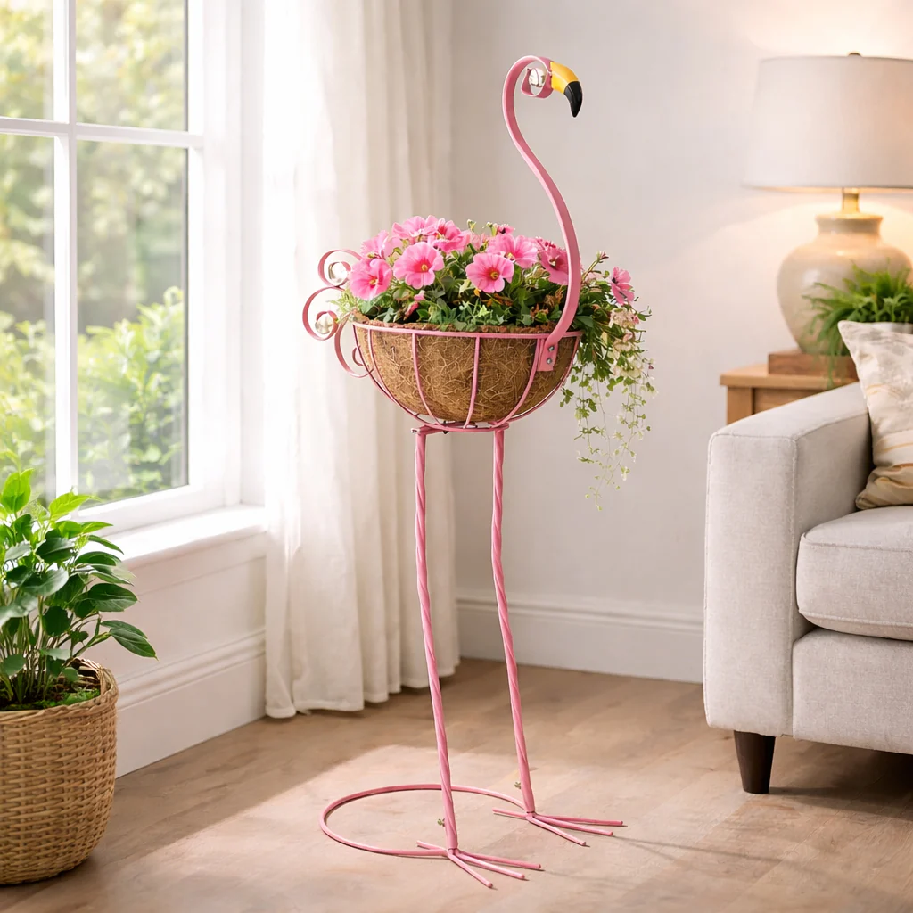 Tropical Flamingo Metal Planter Stand with Basket - Image 2