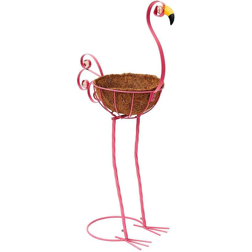 Tropical Flamingo Metal Planter Stand with Basket - Image 3