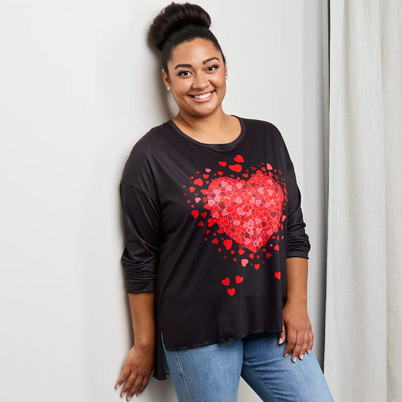 Valentine's Day Heart Long Sleeve T Shirt Black