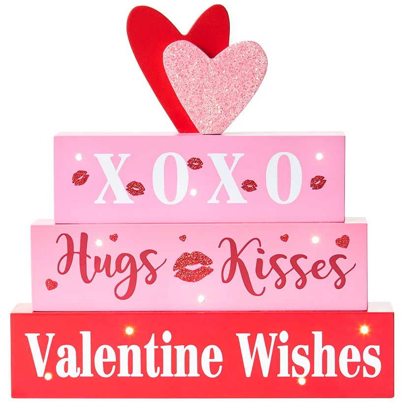 Valentine's Lighted Stacked Pink And Red Block Sign With Message - Image 3