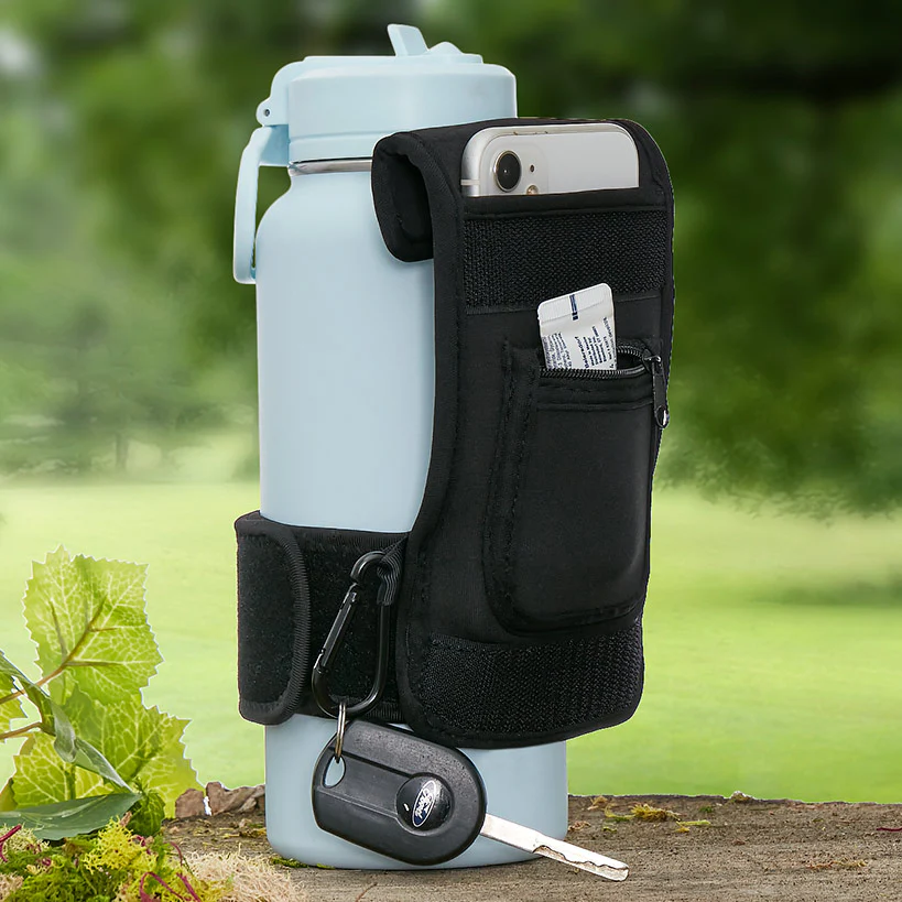 Water Bottle Pouch With Cell Phone Pocket, Secure Pocket and Lanyard