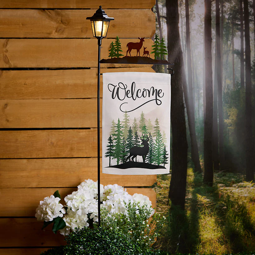 Welcome Flag Lodge Themed With Pole And Lighted Lantern Bear Or Deer - Image 3