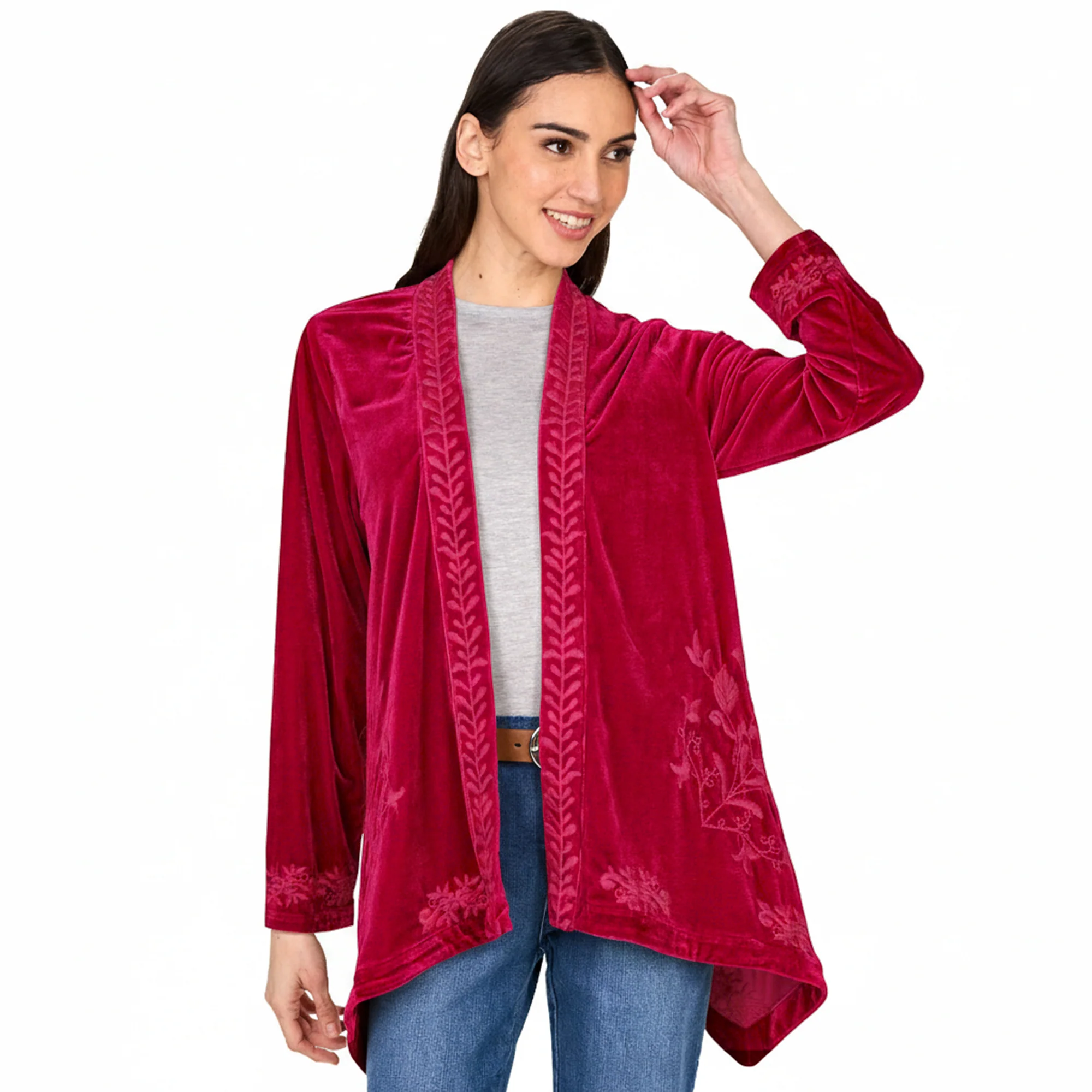 Women's Embroidered Velvet Open Front Cardigan - Image 6