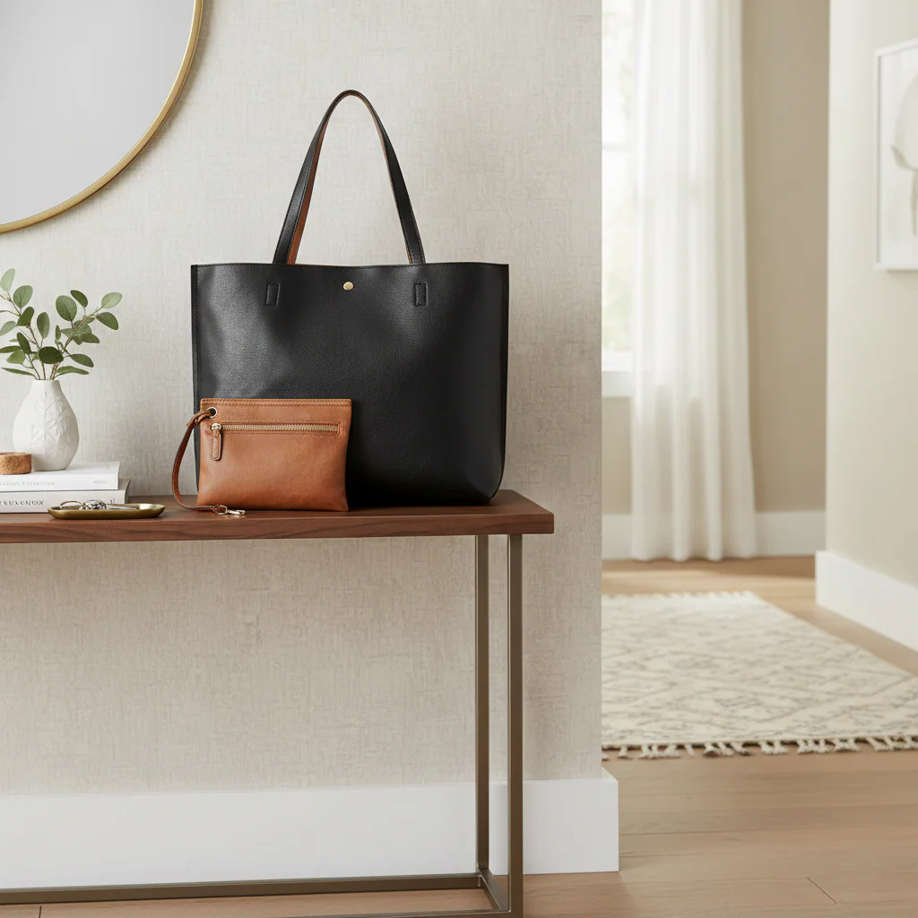 Women's Faux Leather Reversible Tote Bag with Matching Purse - Image 8