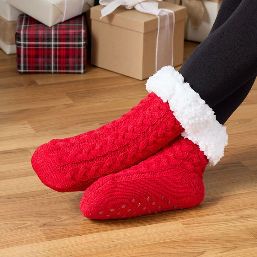 Women's Fleece-Lined Knitted Slipper Socks with Grippers - Image 2