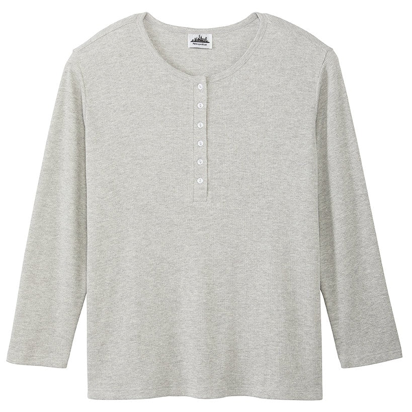 Women's Long Sleeve Thermal Henley Top with Buttons - Image 3