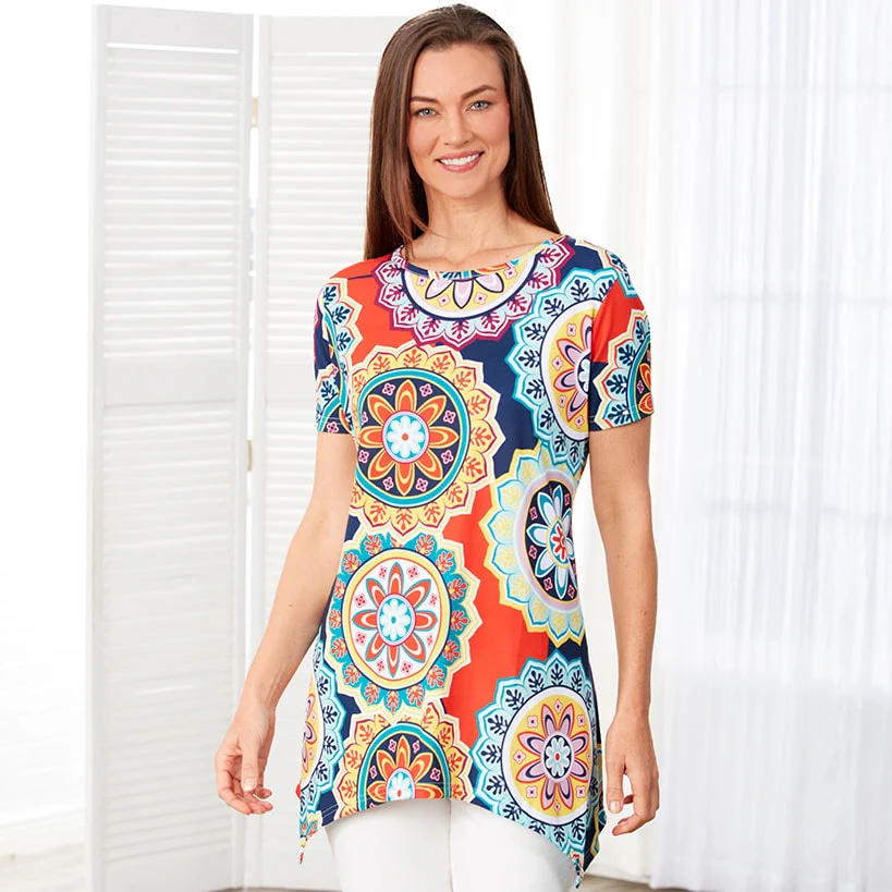 Women's Printed Short Sleeve Top with Asymmetric Hem - Image 2