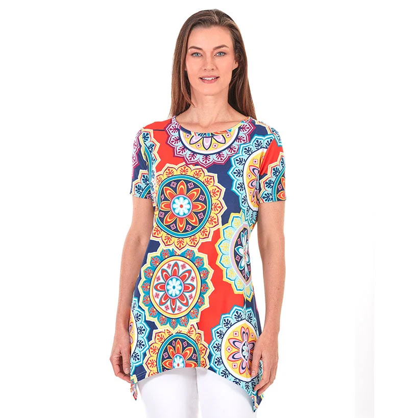 Women's Printed Short Sleeve Top with Asymmetric Hem - Image 3