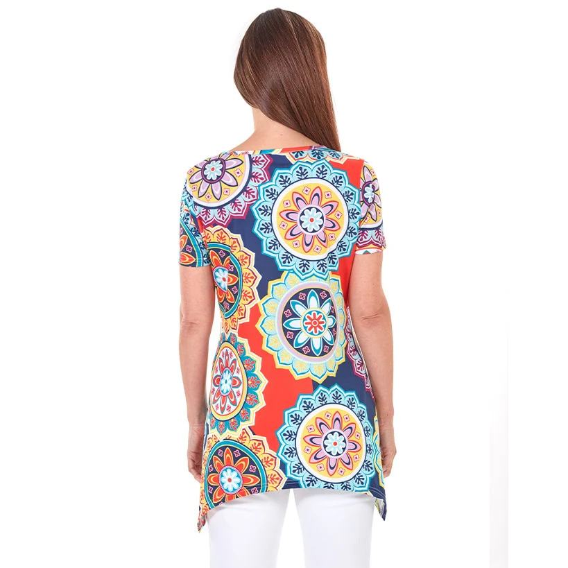 Women's Printed Short Sleeve Top with Asymmetric Hem - Image 4
