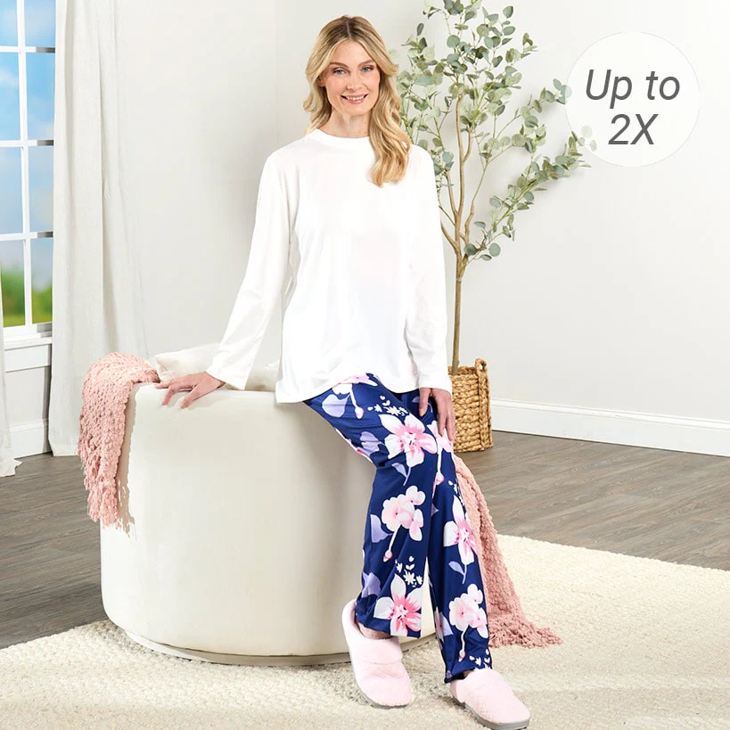 Women's Soft Pajama Set with Long Sleeve Top and Floral Pants