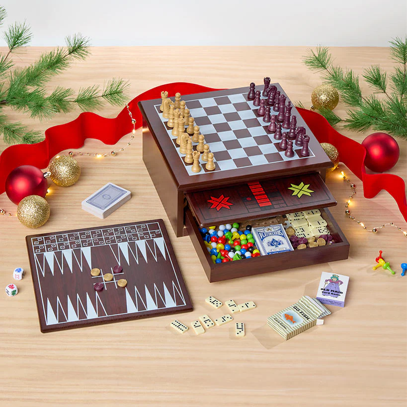 Wooden 15-in-1 Game Center - Family Fun with Chess, Checkers, and More