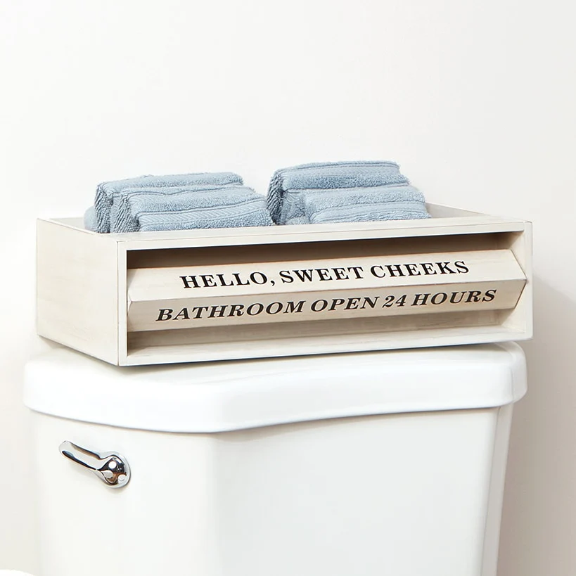 Wooden Bathroom Toilet Topper Storage Tray with Funny Rotating Phrases - Image 3