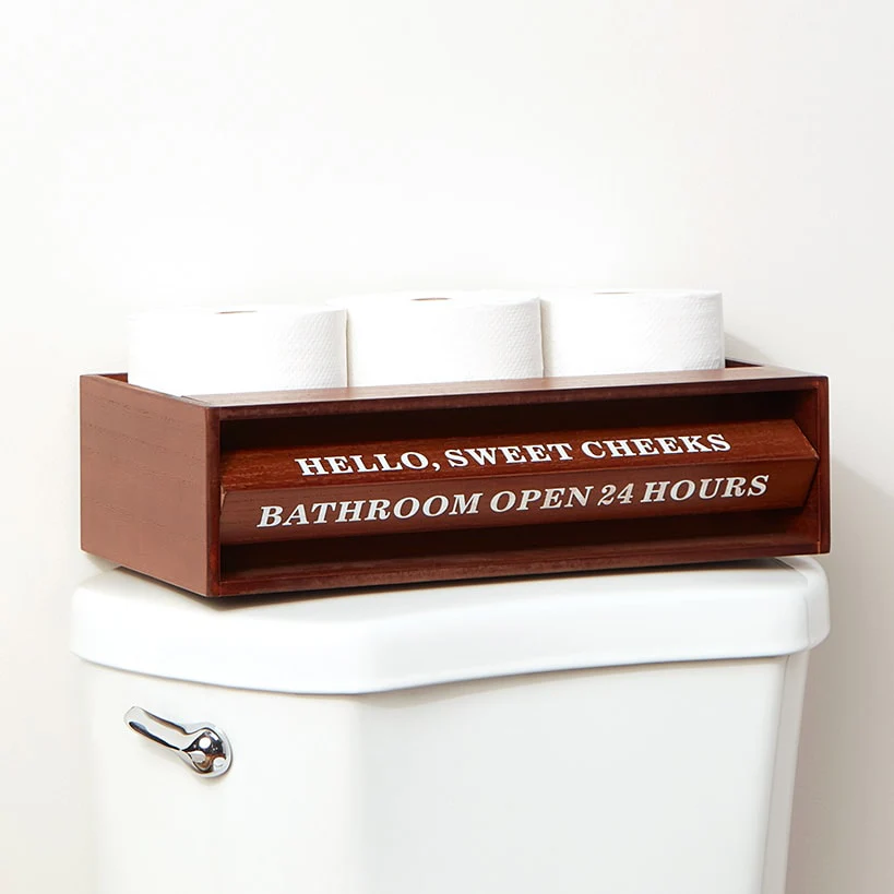 Wooden Bathroom Toilet Topper Storage Tray with Funny Rotating Phrases - Image 6