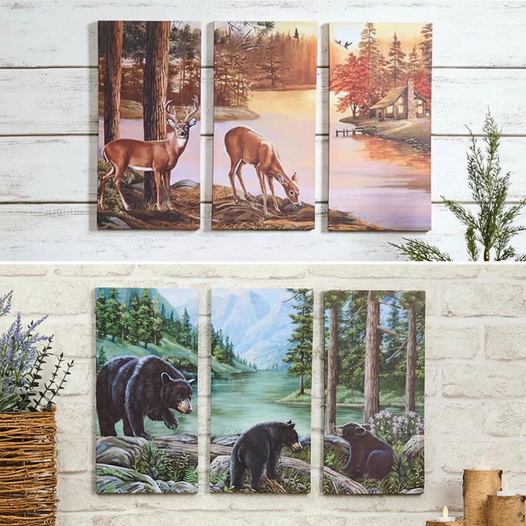Woodland Animal Canvas Wall Art Trio - Bear or Deer